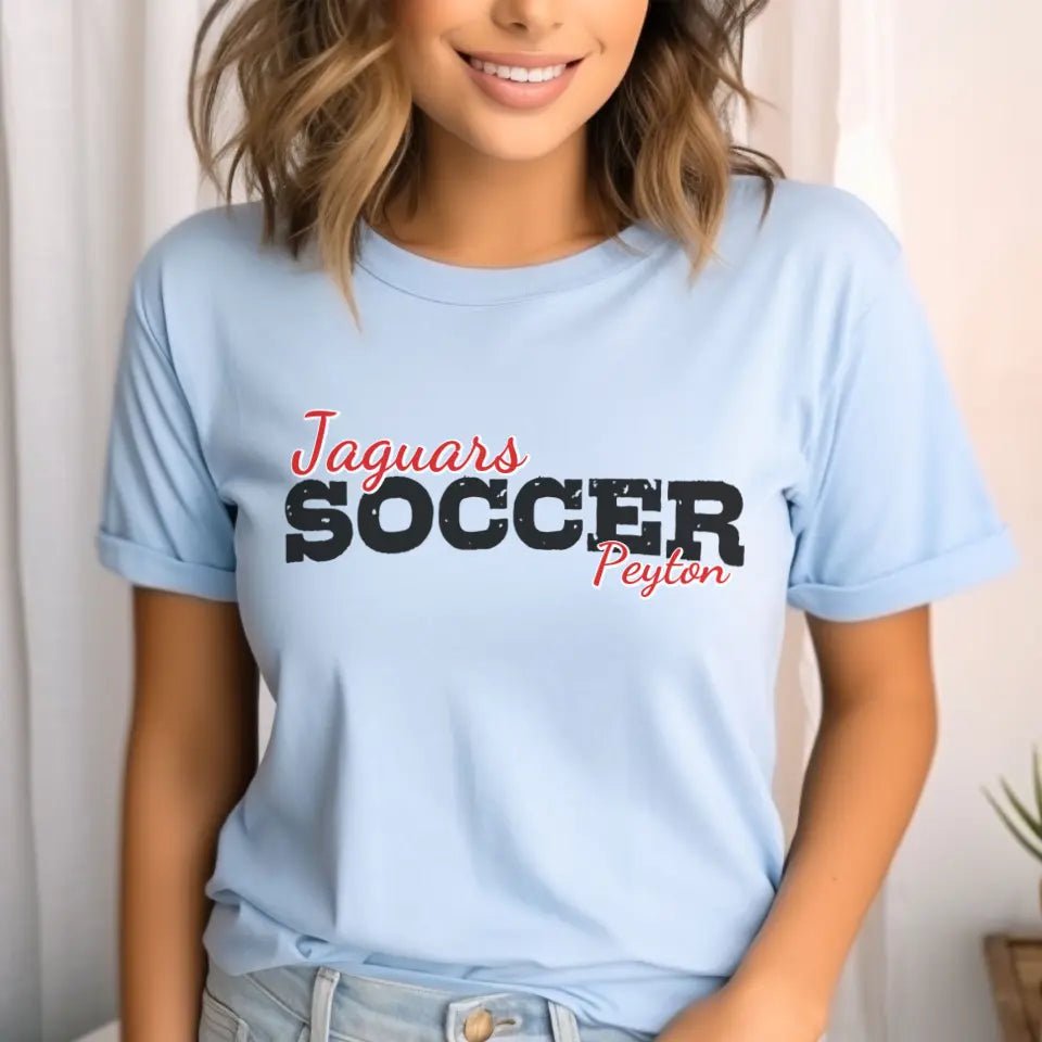 Custom Soccer Mascot and Soccer Player Name on a Unisex T-Shirt with a Black Graphic