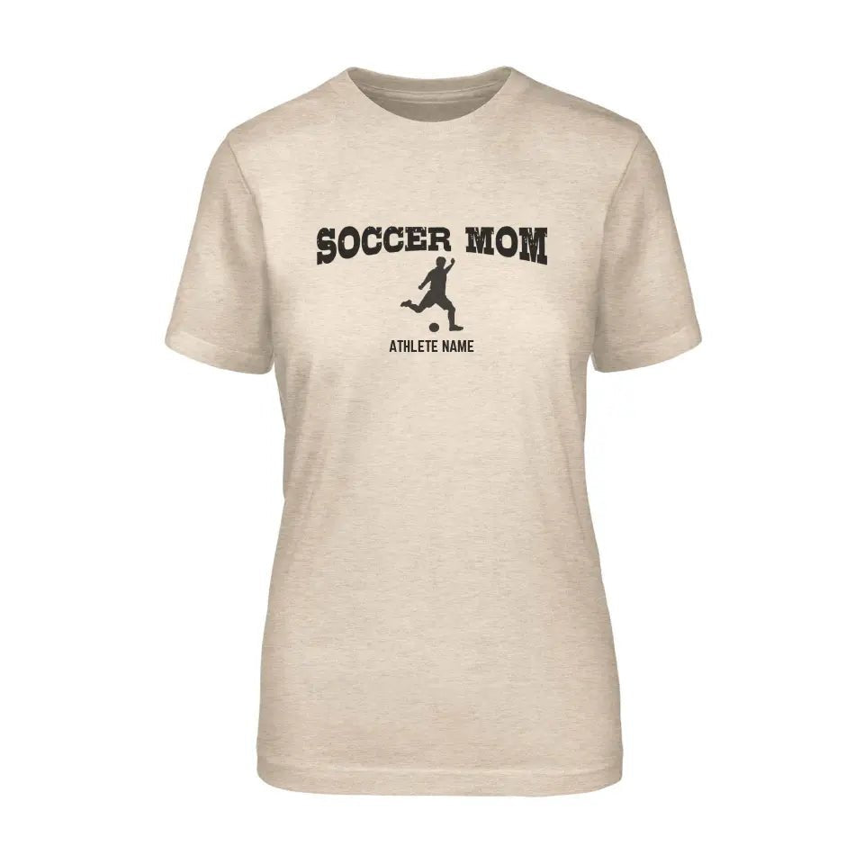 Soccer Mom with Soccer Player Icon and Soccer Player Name on a Unisex T-Shirt with a Black Graphic
