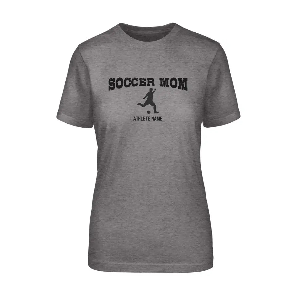 Soccer Mom with Soccer Player Icon and Soccer Player Name on a Unisex T-Shirt with a Black Graphic