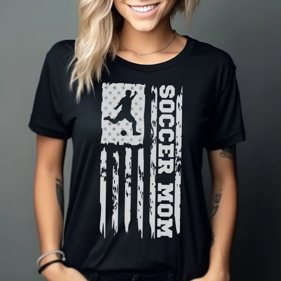 Soccer Mom Vertical Flag on a Unisex T-Shirt with a White Graphic