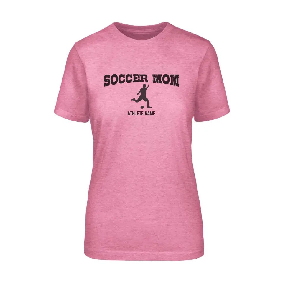 Soccer Mom with Soccer Player Icon and Soccer Player Name on a Unisex T-Shirt with a Black Graphic