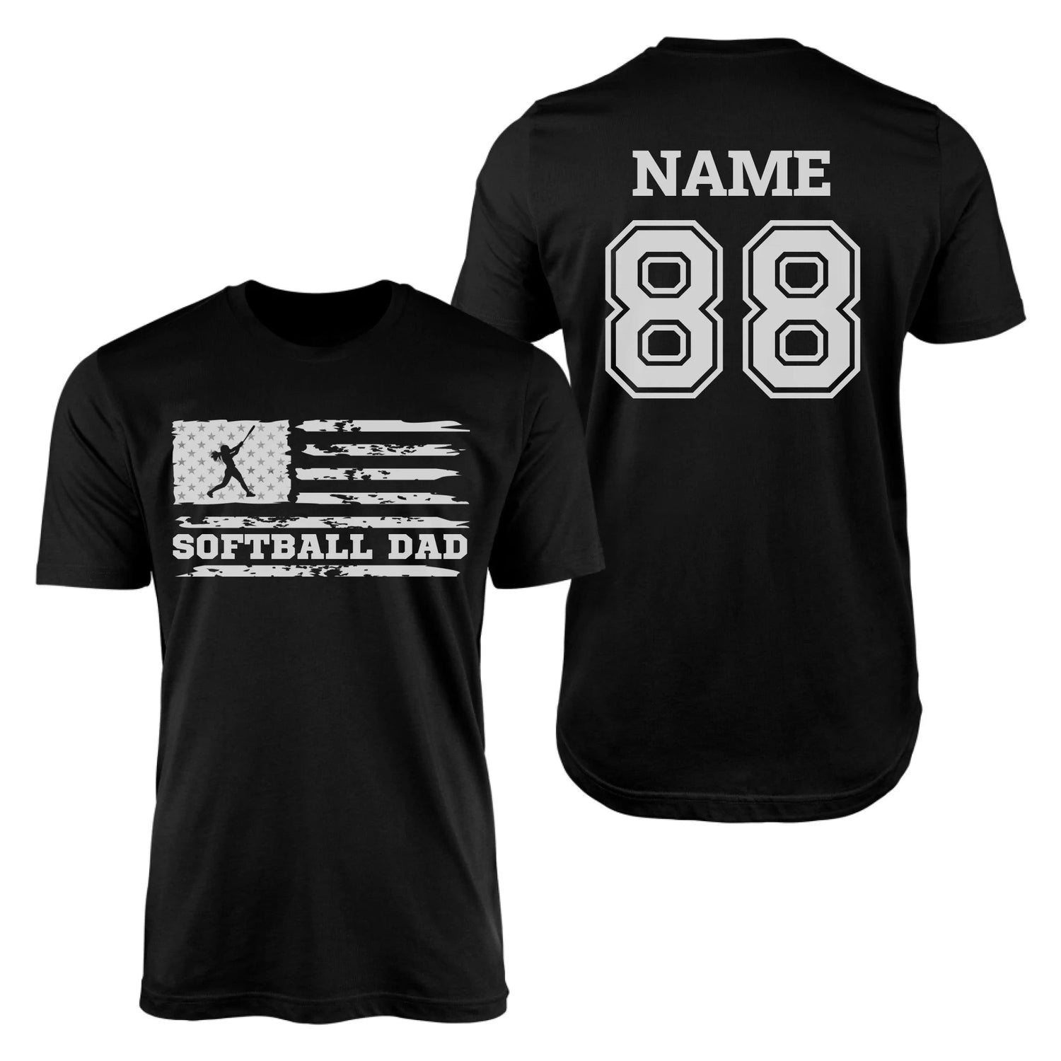 Softball Dad Horizontal Flag With Softball Player Name on a Men's T-Shirt with a White Graphic