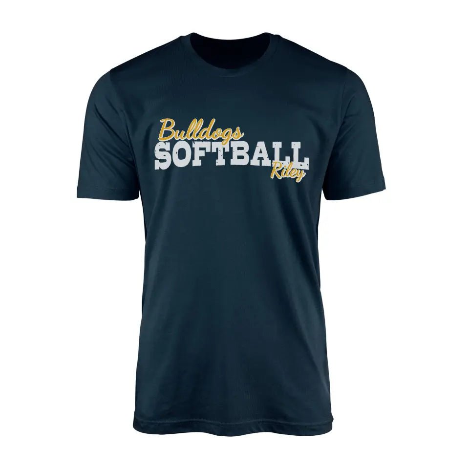 Custom Softball Mascot and Softball Player Name on a Men's T-Shirt with a White Graphic