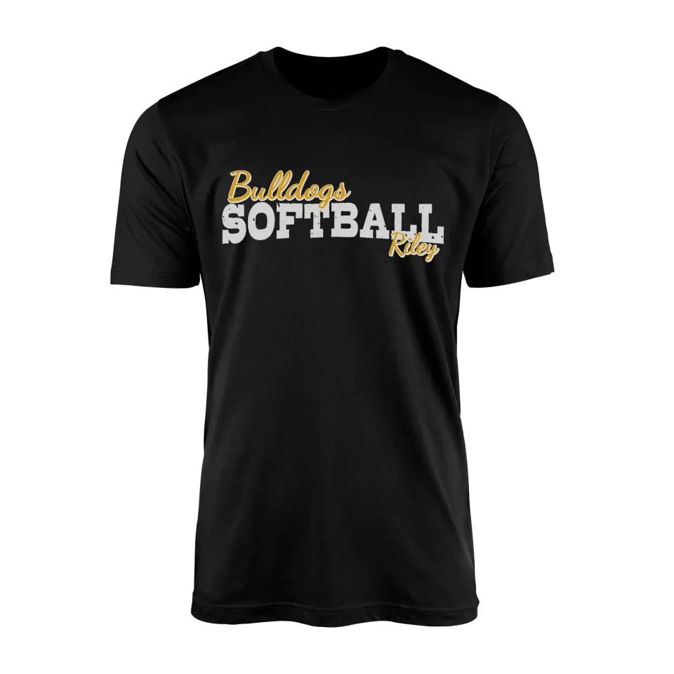 Custom Softball Mascot and Softball Player Name on a Men's T-Shirt with a White Graphic