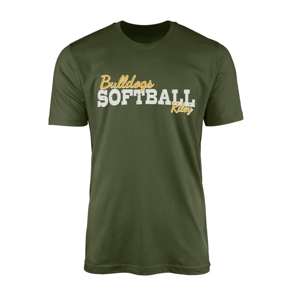 Custom Softball Mascot and Softball Player Name on a Men's T-Shirt with a White Graphic