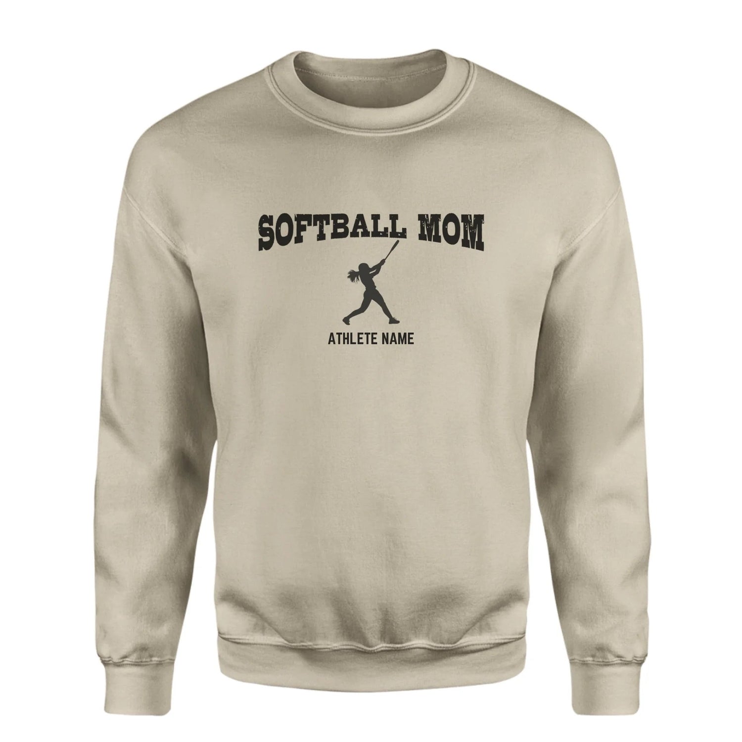 Softball Mom with Softball Player Icon and Softball Player Name on a Sweatshirt with a Black Graphic