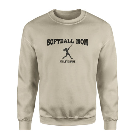 Softball Mom with Softball Player Icon and Softball Player Name on a Sweatshirt with a Black Graphic