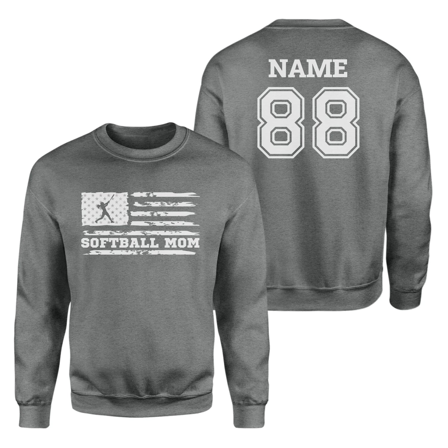 Softball Mom Horizontal Flag With Softball Player Name on a Sweatshirt with a White Graphic