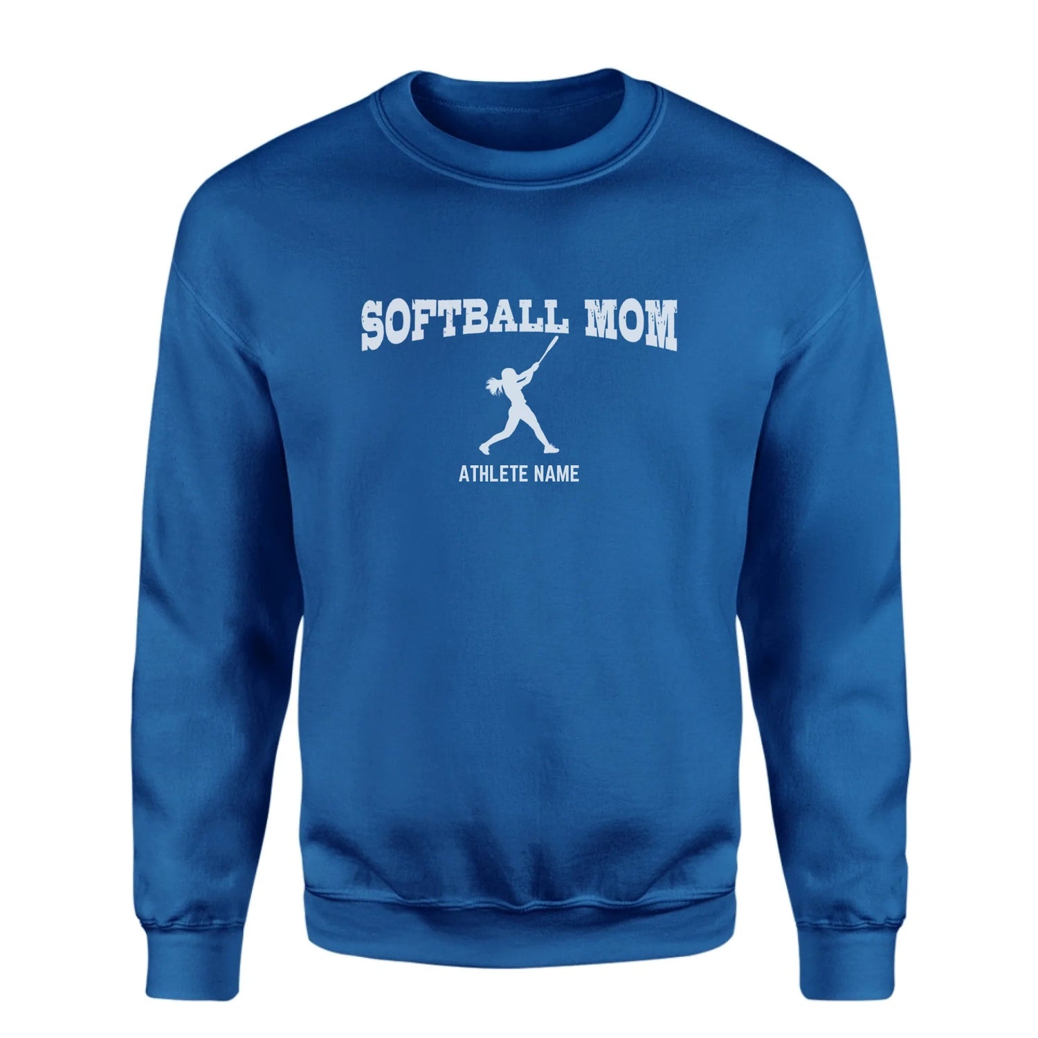Softball Mom with Softball Player Icon and Softball Player Name on a Sweatshirt with a White Graphic