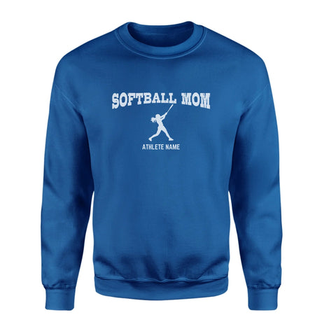 Softball Mom with Softball Player Icon and Softball Player Name on a Sweatshirt with a White Graphic