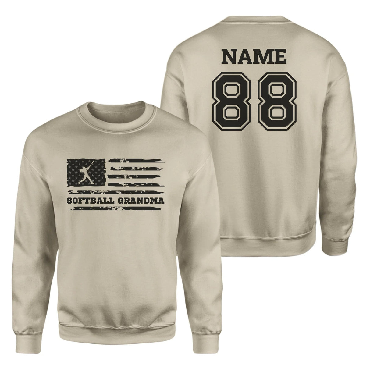 Softball Grandma Horizontal Flag With Softball Player Name on a Sweatshirt with a Black Graphic