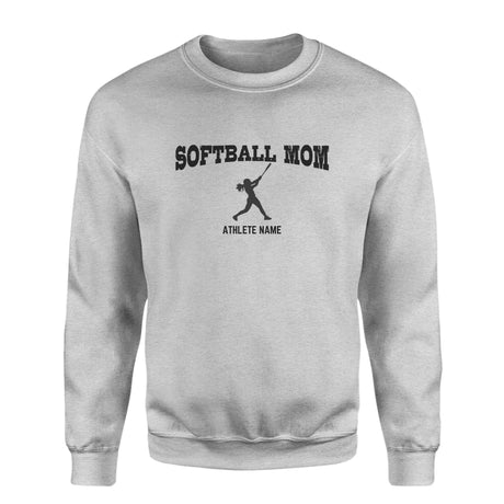 Softball Mom with Softball Player Icon and Softball Player Name on a Sweatshirt with a Black Graphic