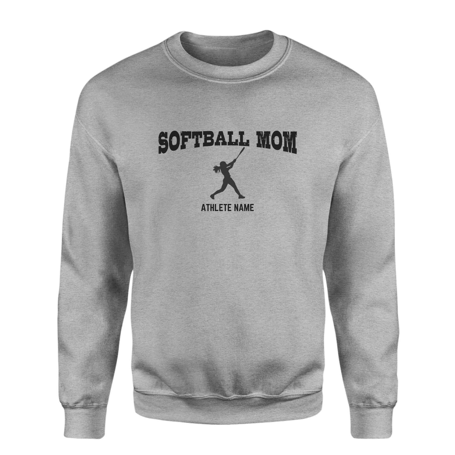 Softball Mom with Softball Player Icon and Softball Player Name on a Sweatshirt with a Black Graphic