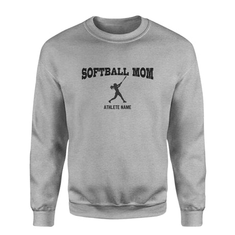 Softball Mom with Softball Player Icon and Softball Player Name on a Sweatshirt with a Black Graphic