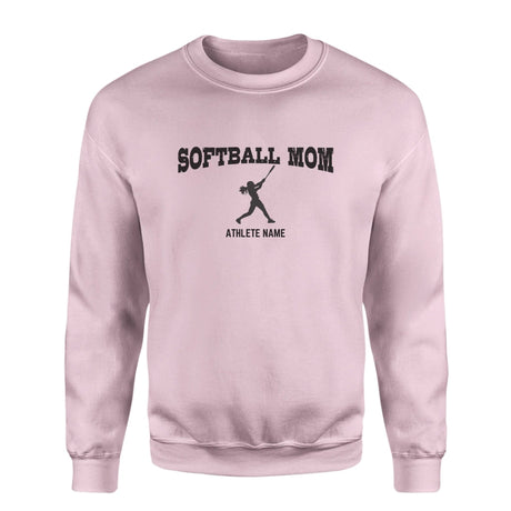 Softball Mom with Softball Player Icon and Softball Player Name on a Sweatshirt with a Black Graphic