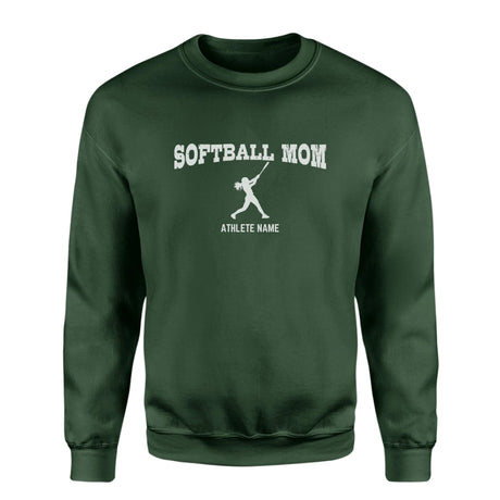 Softball Mom with Softball Player Icon and Softball Player Name on a Sweatshirt with a White Graphic