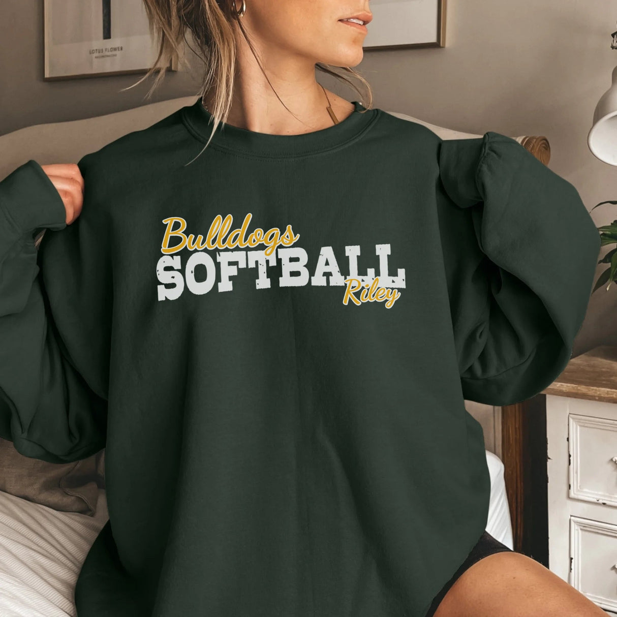 Custom Softball Mascot and Softball Player Name on a Sweatshirt with a White Graphic