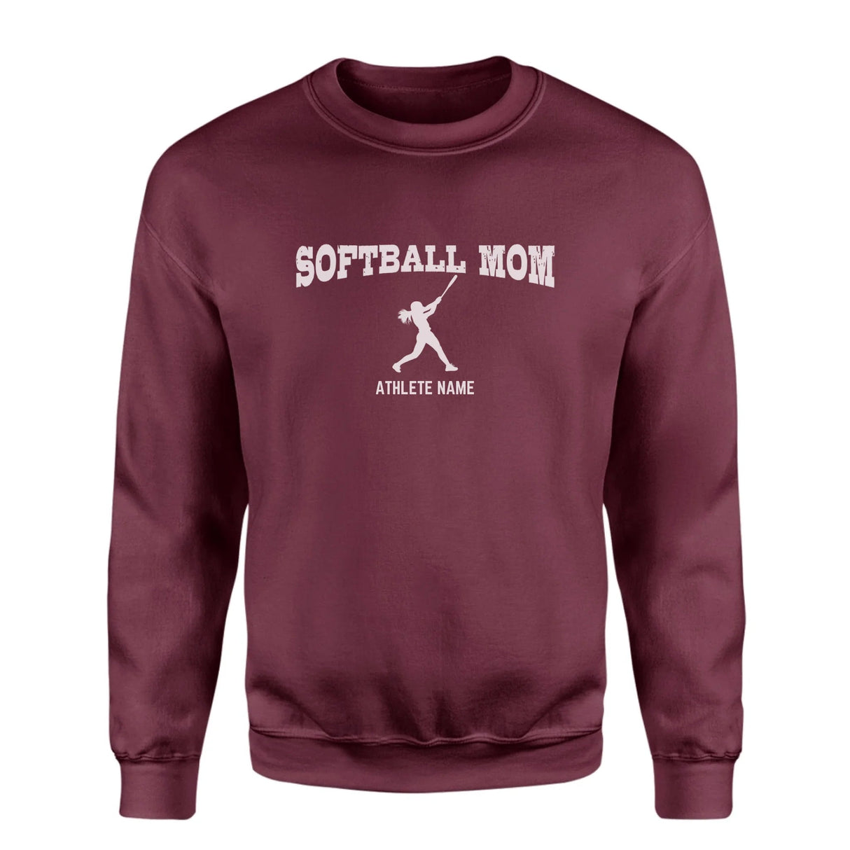 Softball Mom with Softball Player Icon and Softball Player Name on a Sweatshirt with a White Graphic
