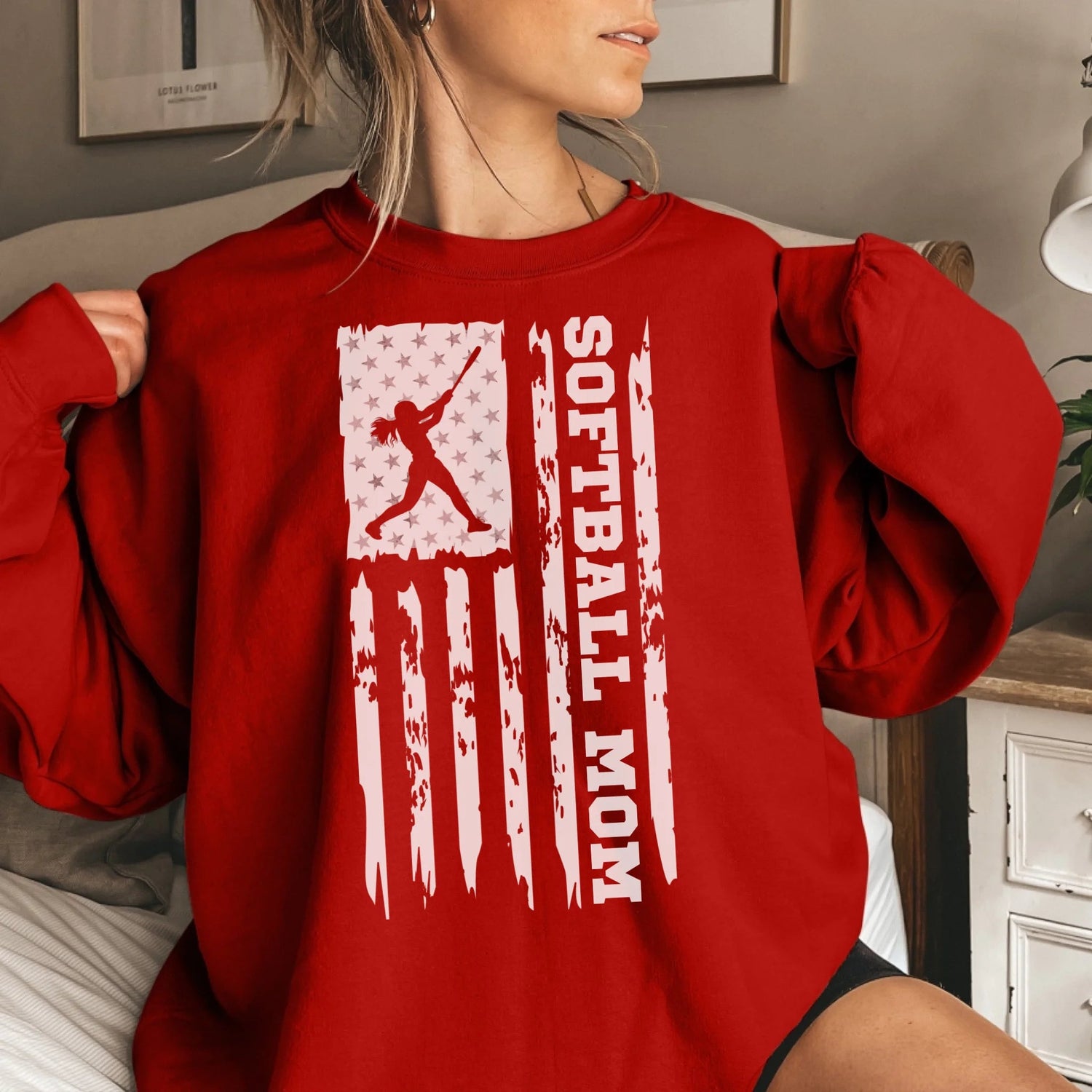 Softball Mom Vertical Flag on a Sweatshirt with a White Graphic