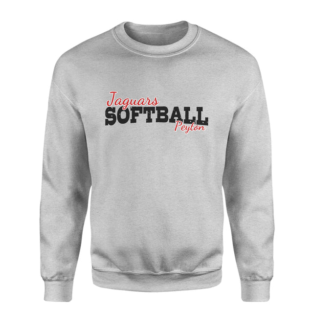 Custom Softball Mascot and Softball Player Name on a Sweatshirt with a Black Graphic