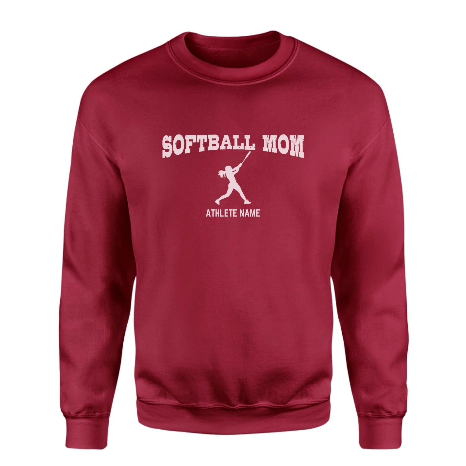 Softball Mom with Softball Player Icon and Softball Player Name on a Sweatshirt with a White Graphic