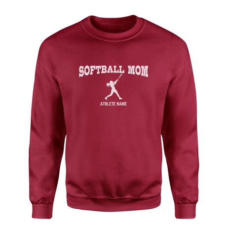 Softball Mom with Softball Player Icon and Softball Player Name on a Sweatshirt with a White Graphic