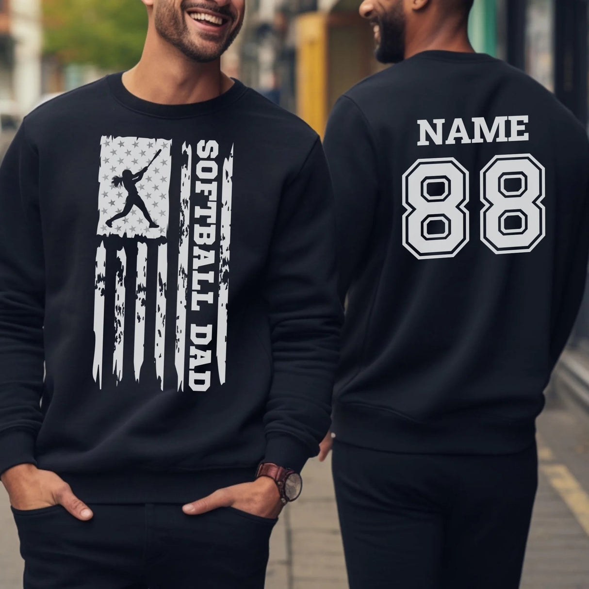 Softball Dad Vertical Flag With Softball Player Name on a Sweatshirt with a White Graphic