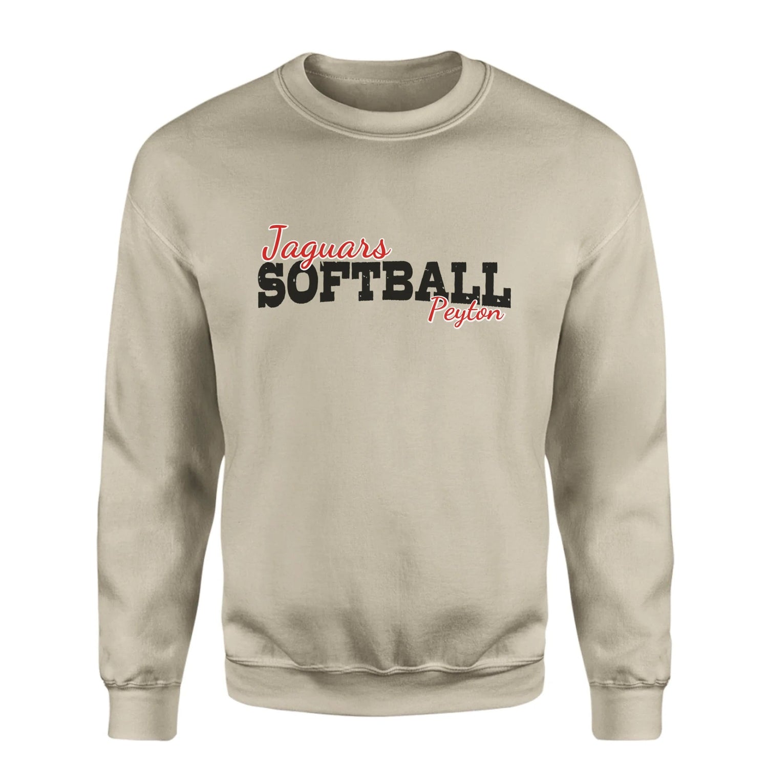 Custom Softball Mascot and Softball Player Name on a Sweatshirt with a Black Graphic