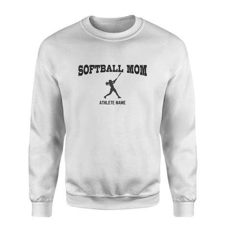 Softball Mom with Softball Player Icon and Softball Player Name on a Sweatshirt with a Black Graphic