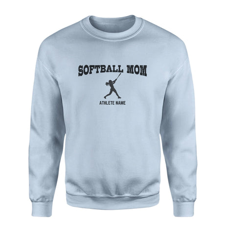 Softball Mom with Softball Player Icon and Softball Player Name on a Sweatshirt with a Black Graphic