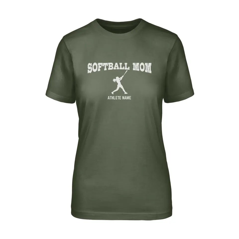 Softball Mom with Softball Player Icon and Softball Player Name on a Unisex T-Shirt with a White Graphic