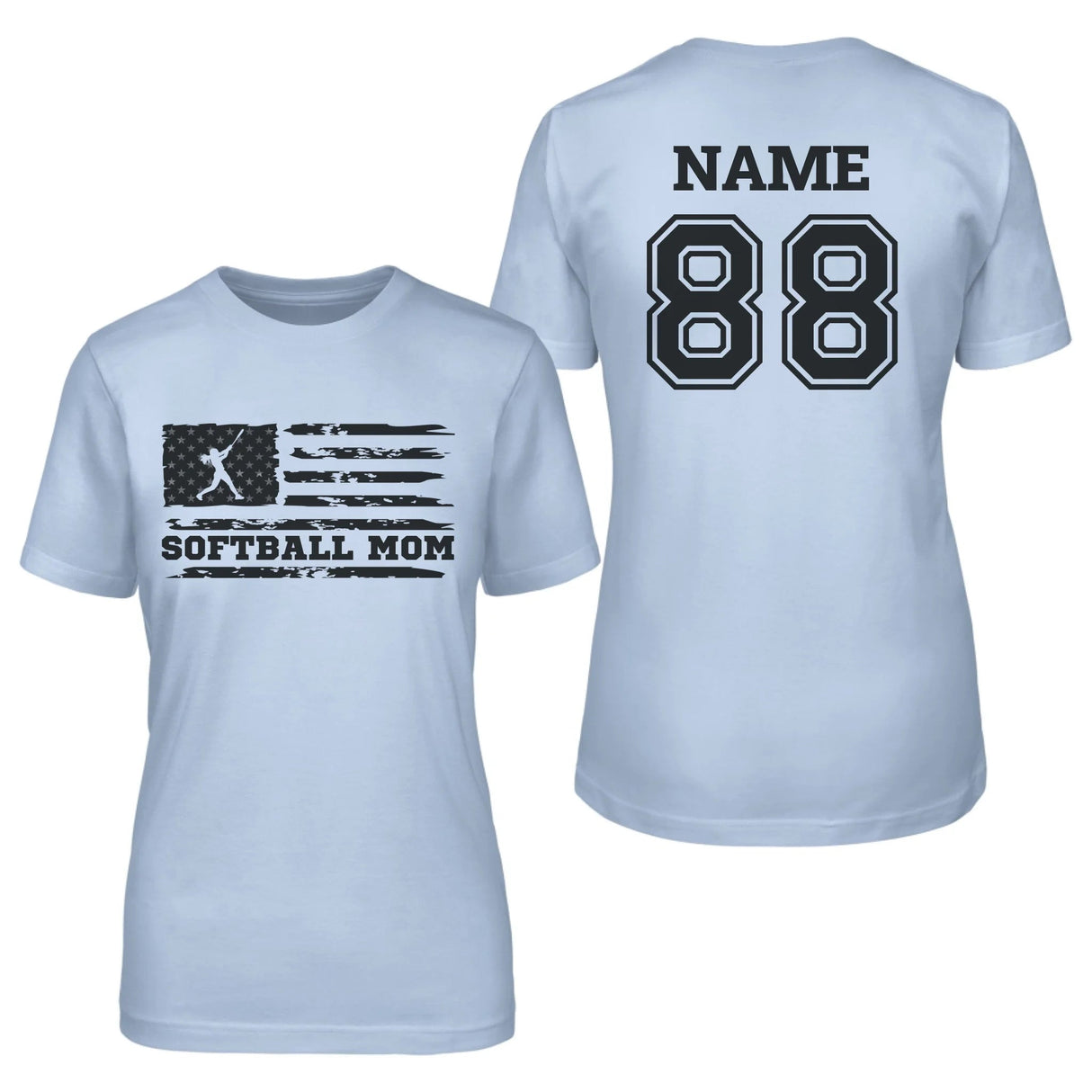 Softball Mom Horizontal Flag With Softball Player Name on a Unisex T-Shirt with a Black Graphic