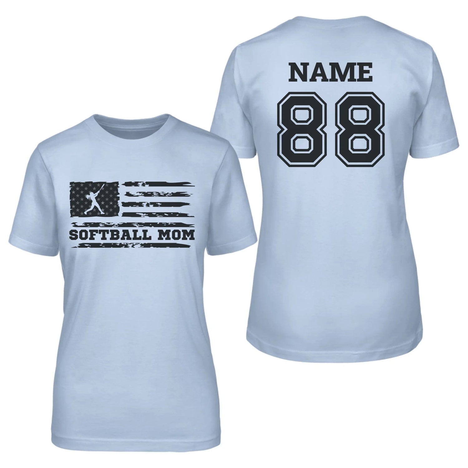 Softball Mom Horizontal Flag With Softball Player Name on a Unisex T-Shirt with a Black Graphic