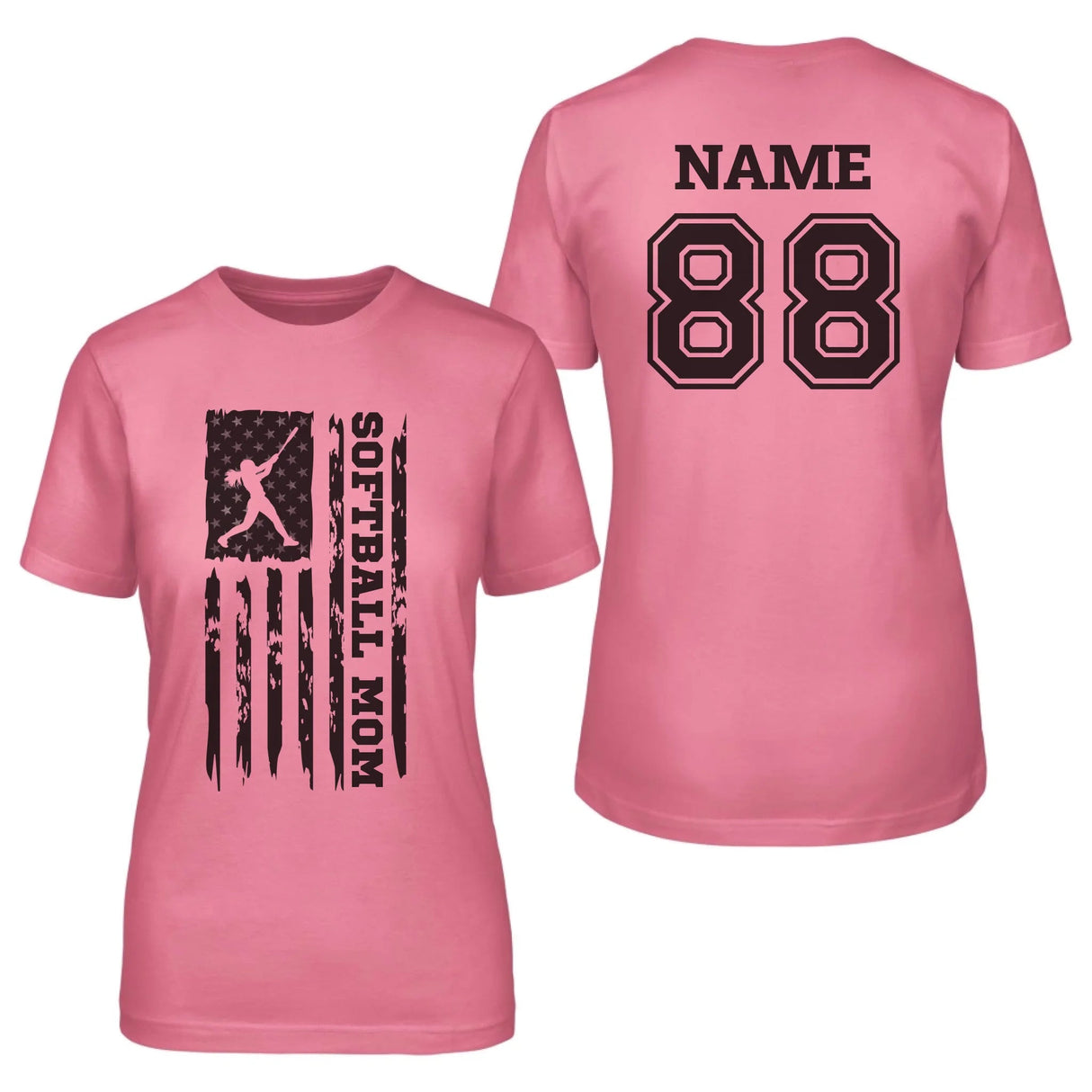Softball Mom Vertical Flag With Softball Player Name on a Unisex T-Shirt with a Black Graphic