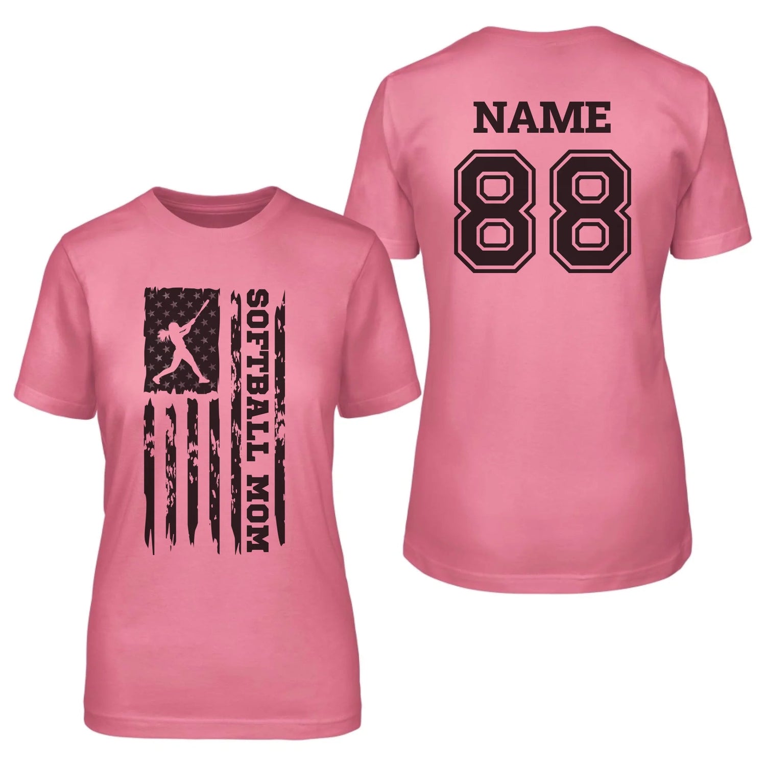 Softball Mom Vertical Flag With Softball Player Name on a Unisex T-Shirt with a Black Graphic