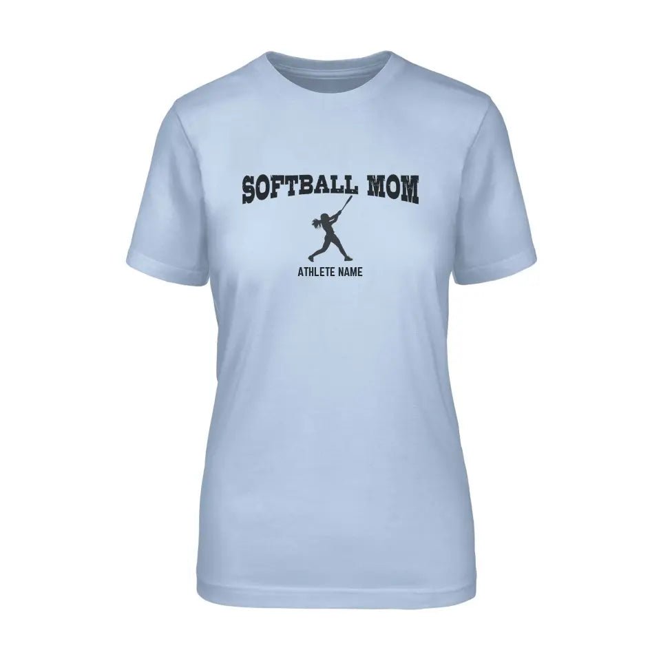 Softball Mom with Softball Player Icon and Softball Player Name on a Unisex T-Shirt with a Black Graphic