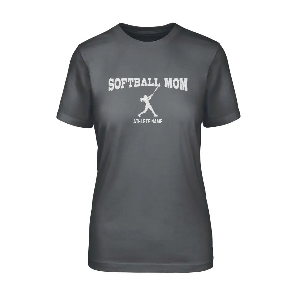 Softball Mom with Softball Player Icon and Softball Player Name on a Unisex T-Shirt with a White Graphic
