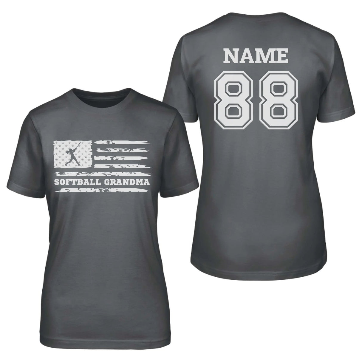Softball Grandma Horizontal Flag With Softball Player Name on a Unisex T-Shirt with a White Graphic