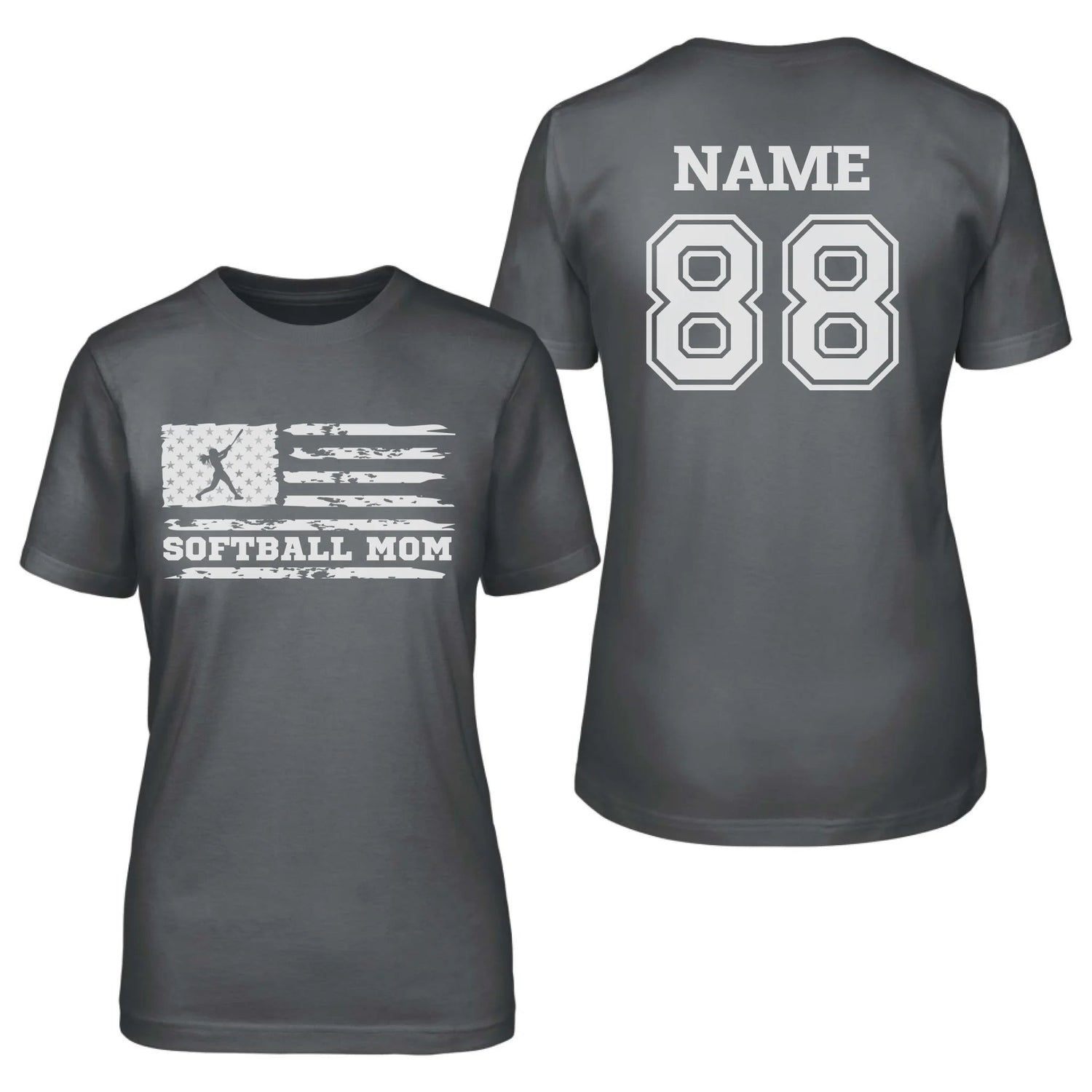 Softball Mom Horizontal Flag With Softball Player Name on a Unisex T-Shirt with a White Graphic