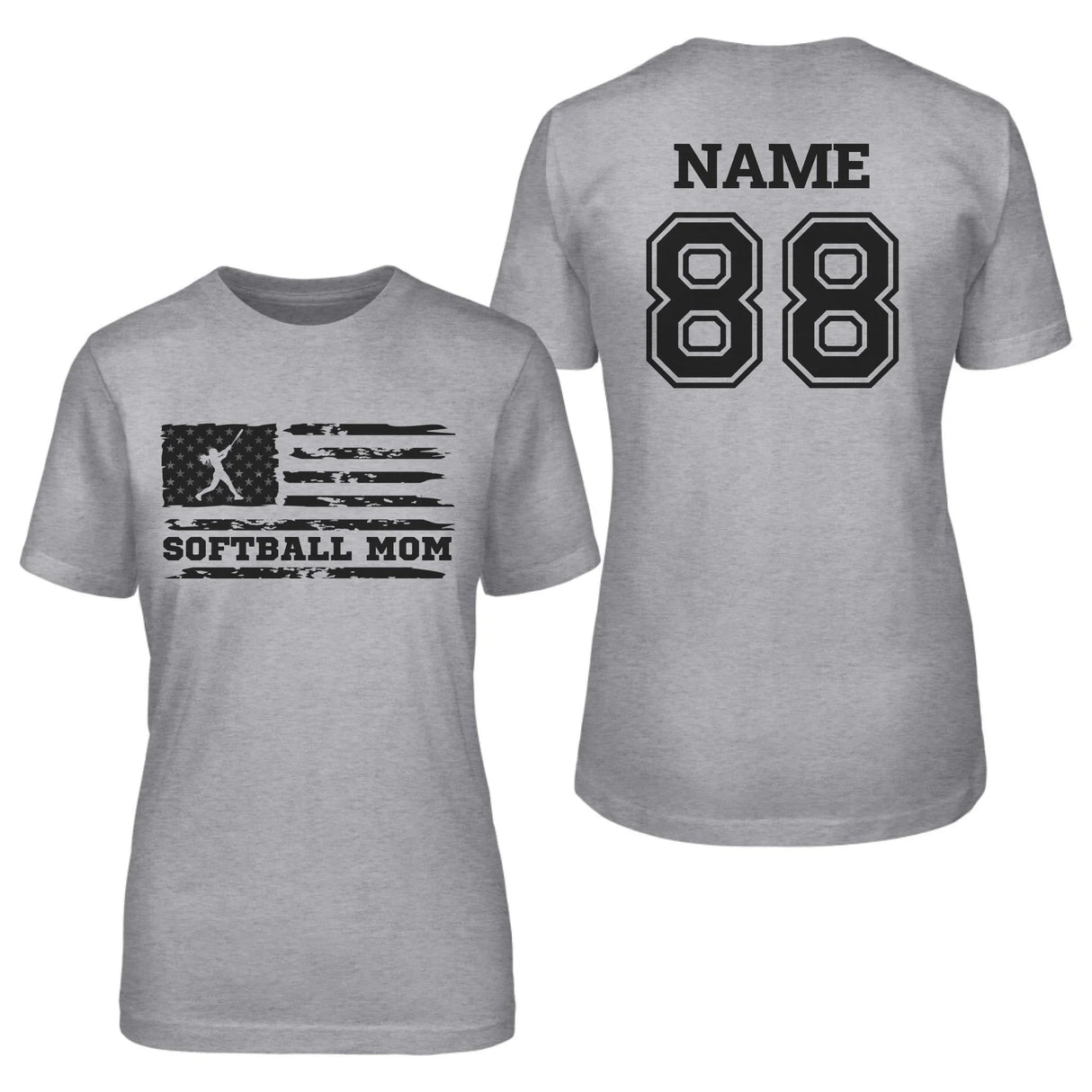 Softball Mom Horizontal Flag With Softball Player Name on a Unisex T-Shirt with a Black Graphic