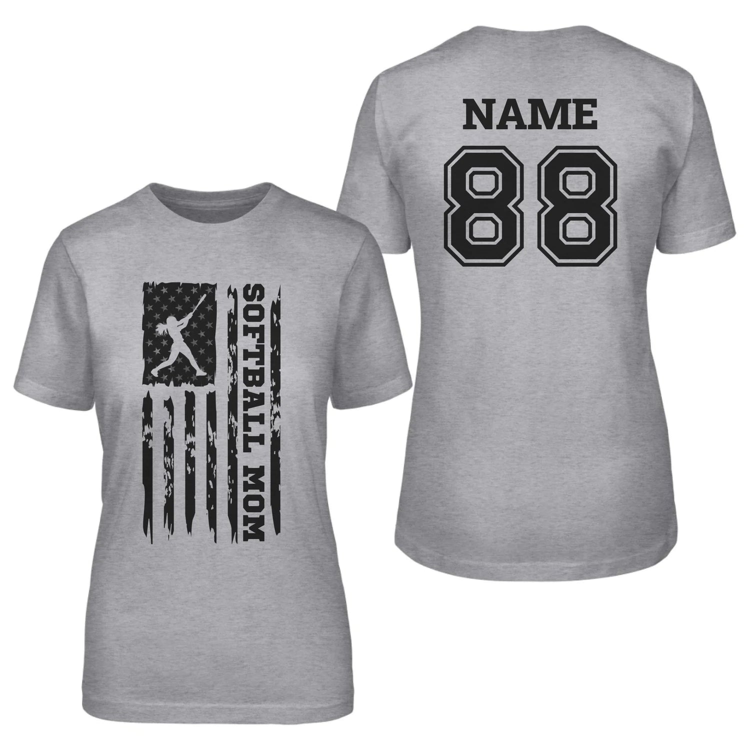 Softball Mom Vertical Flag With Softball Player Name on a Unisex T-Shirt with a Black Graphic