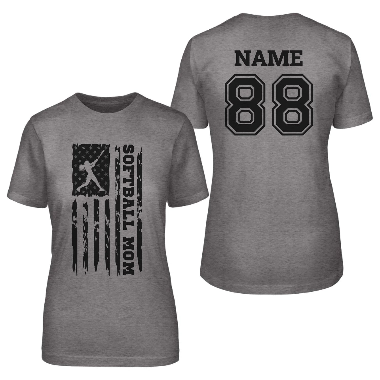 Softball Mom Vertical Flag With Softball Player Name on a Unisex T-Shirt with a Black Graphic