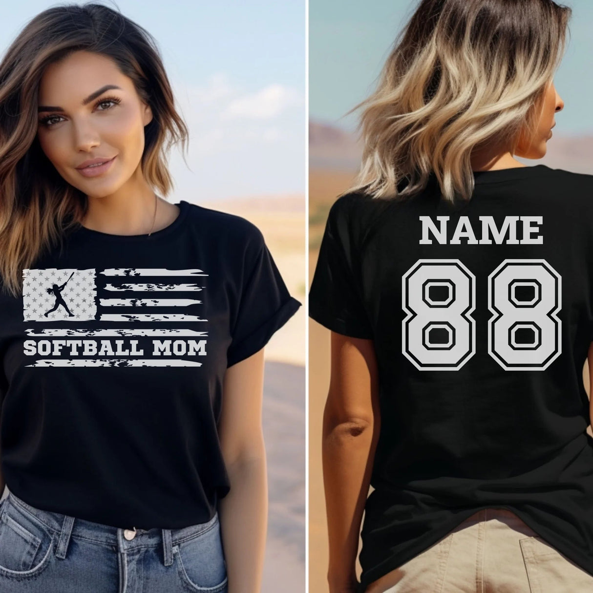 Softball Mom Horizontal Flag With Softball Player Name on a Unisex T-Shirt with a White Graphic