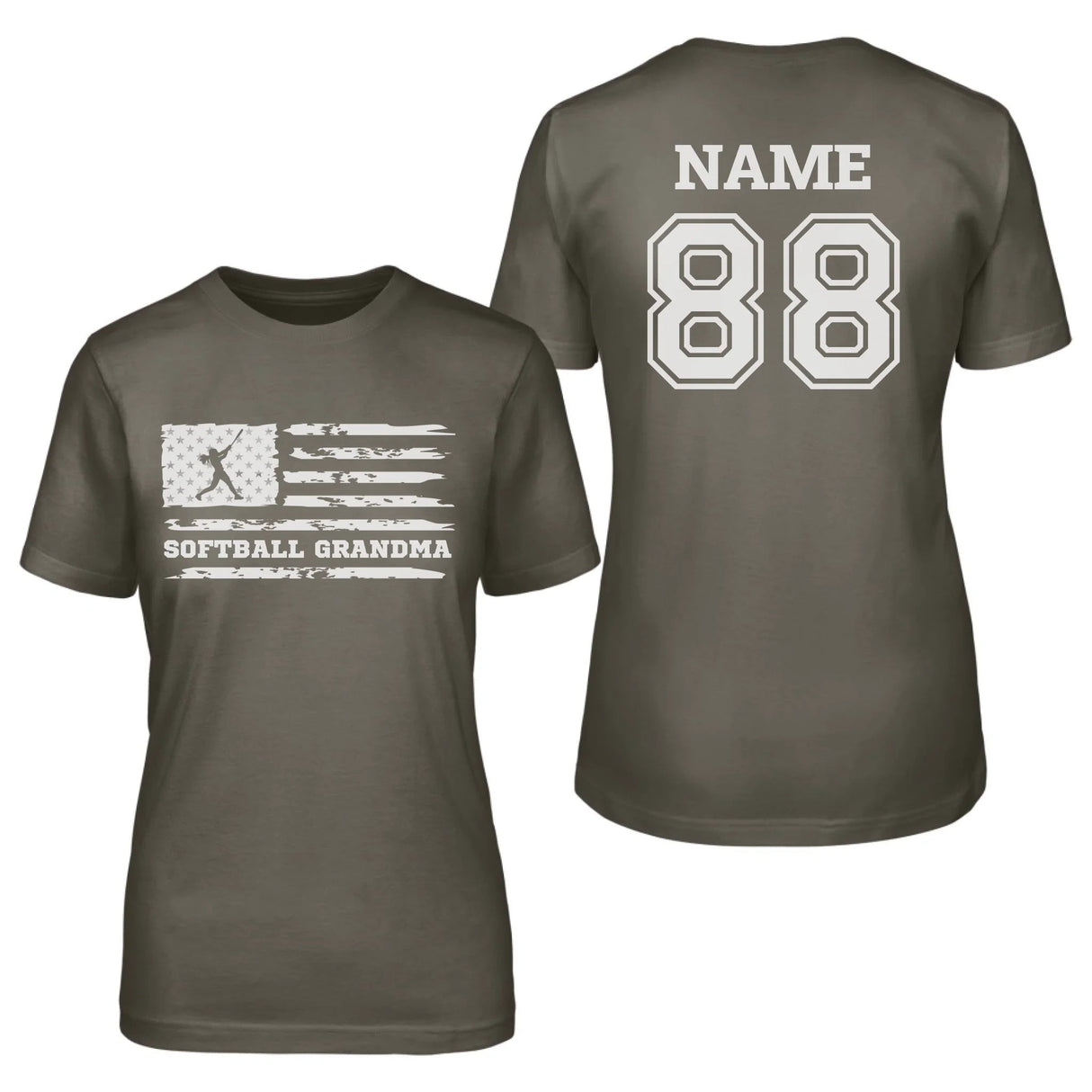 Softball Grandma Horizontal Flag With Softball Player Name on a Unisex T-Shirt with a White Graphic