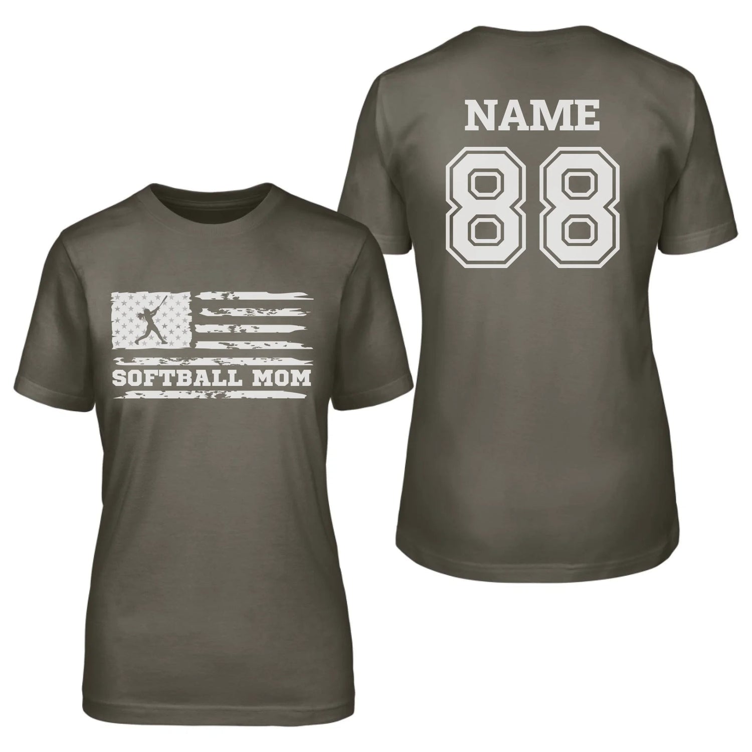 Softball Mom Horizontal Flag With Softball Player Name on a Unisex T-Shirt with a White Graphic