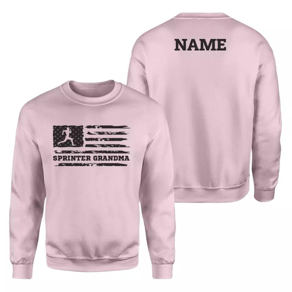 Sprint Grandma Horizontal Flag With Sprinter Name on a Sweatshirt with a Black Graphic