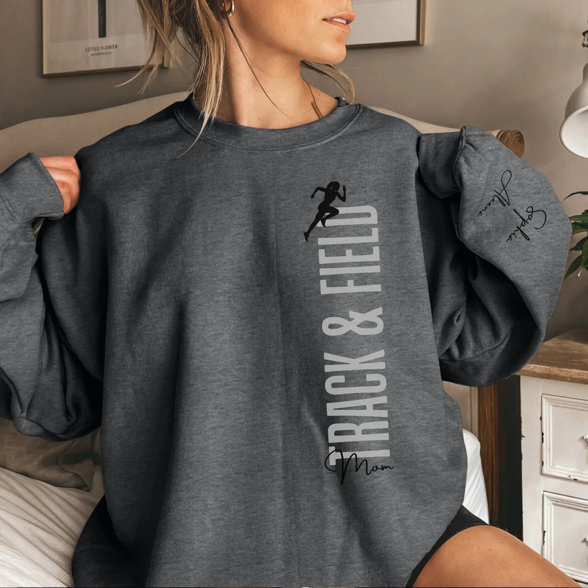 Personalized Sprint Mom on a Sweatshirt With Mascot, Icon, and Sprinter Name on Sleeve on a Sweatshirt