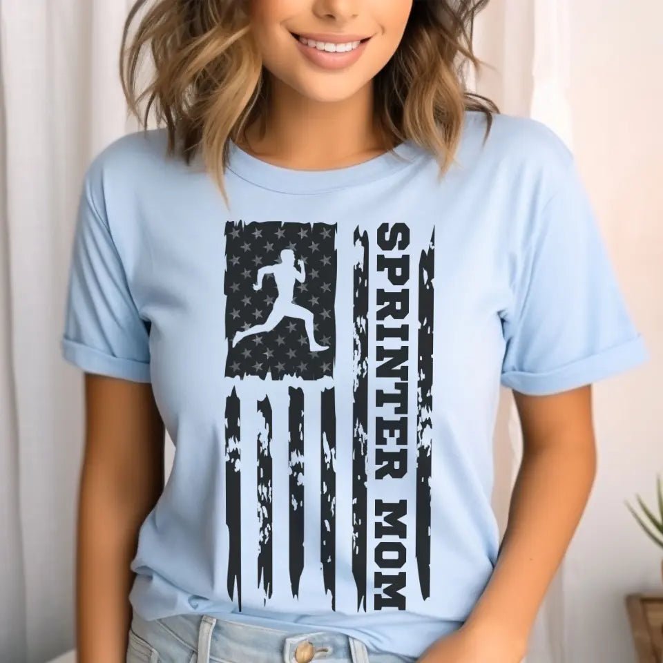 Sprint Mom Vertical Flag on a Unisex T-Shirt with a Black Graphic