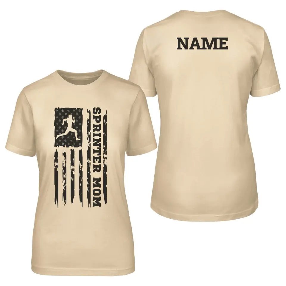 Sprint Mom Vertical Flag With Sprinter Name on a Unisex T-Shirt with a Black Graphic