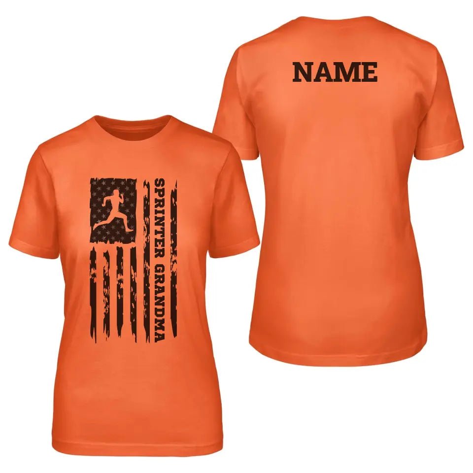 Sprint Grandma Vertical Flag With Sprinter Name on a Unisex T-Shirt with a Black Graphic